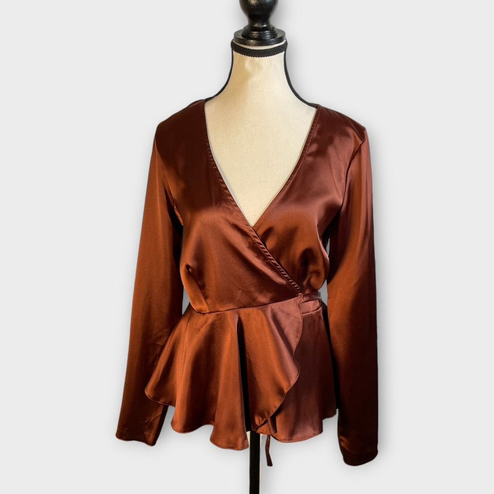 ASOS Tall Wrap Top Blouse US 6 Satin Brown Day to Night NEW